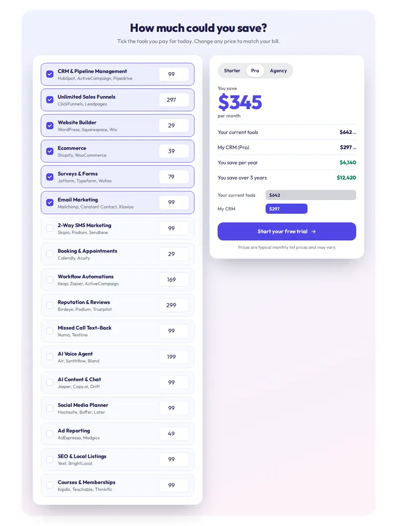 Aurora savings calculator: a checklist of tools with monthly prices on the left and a You save $345 per month panel on the right