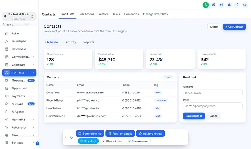 GoHighLevel contact page with the contact actions bar at the bottom centre: Book follow-up, Program details and Ask for a review buttons above New client, Check-in due and Renewal soon tag chips