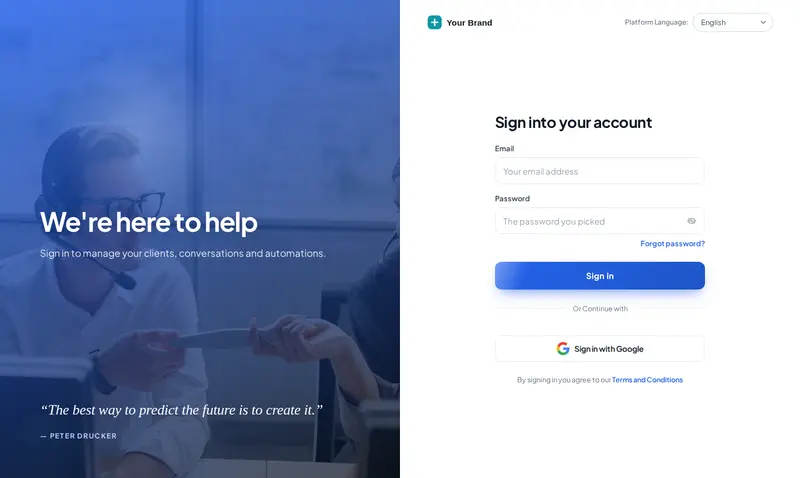 Split login design with the Care Desk theme: sign-in form on the left and a soft photo panel on the right reading We're here to help