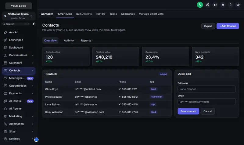 GoHighLevel contacts page in the Graphite Pro dark theme: near-black sidebar, dark cards and light text for evening work